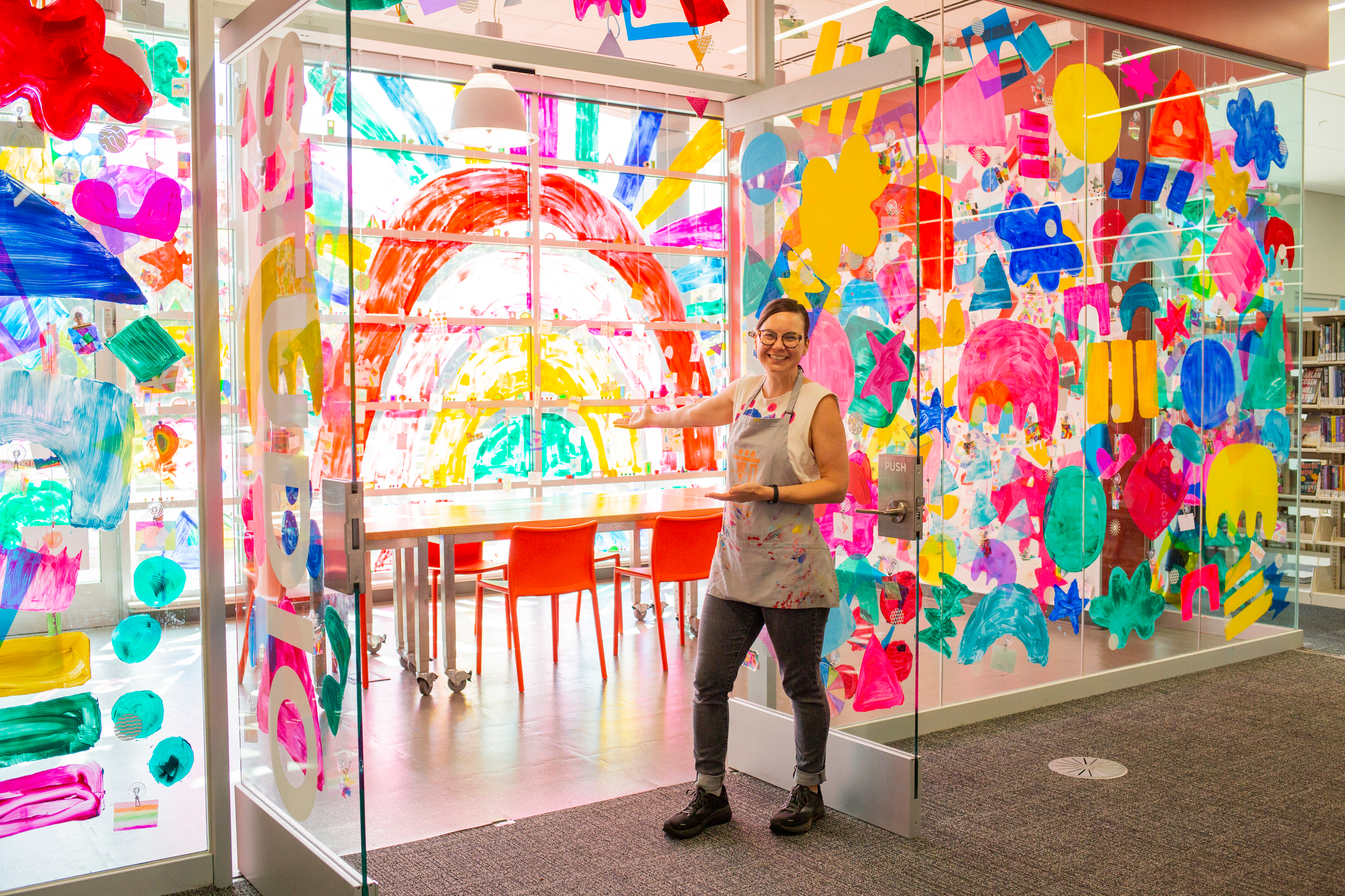 Bernie and Zuzu Art Installation of Color Play: Making the World a Little More Rainbow at Pinney Library in Madison, Wisconsin photographed by Beth Skogen