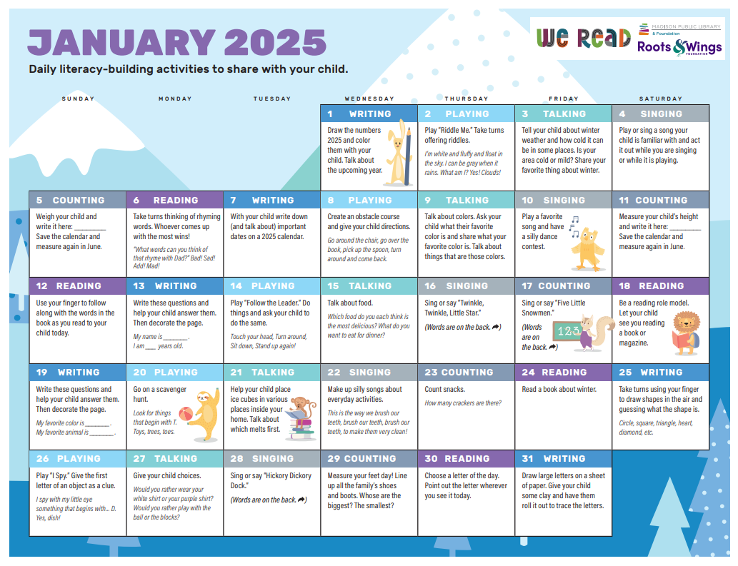 PLA Early Literacy Calendar 2025 WE READ