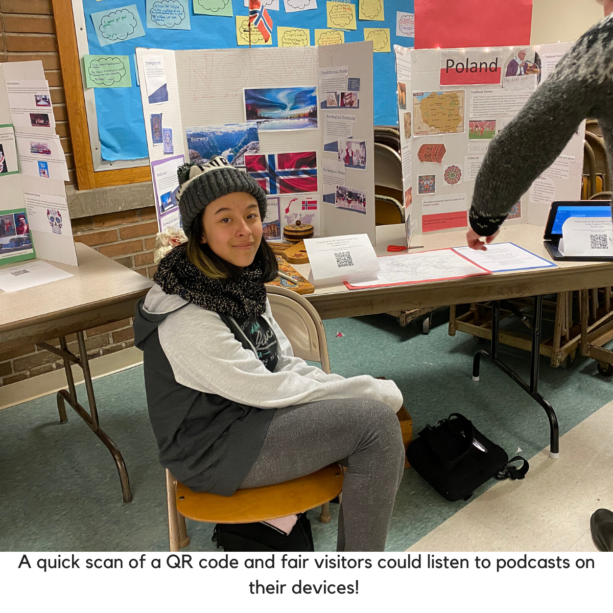 Student shows QR code for podcast listening