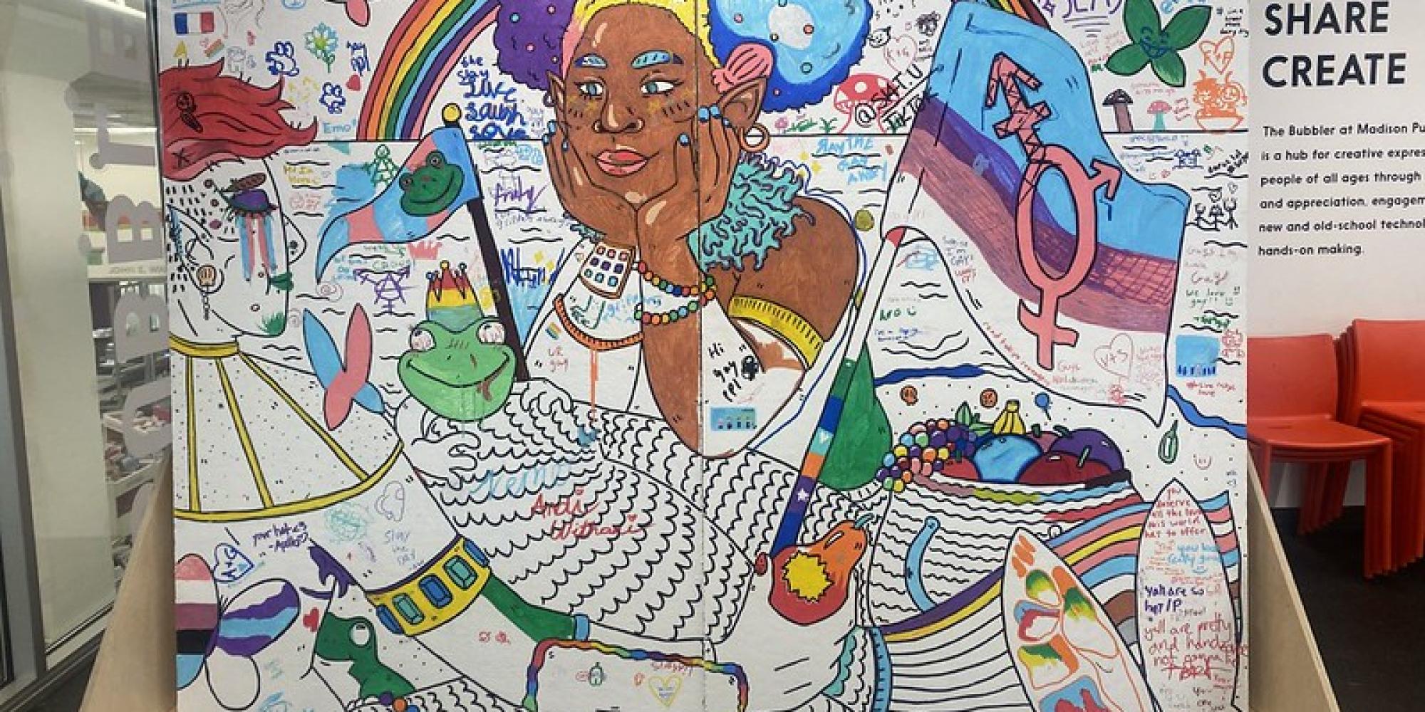 Coloring mural at pride prom event at Central Library