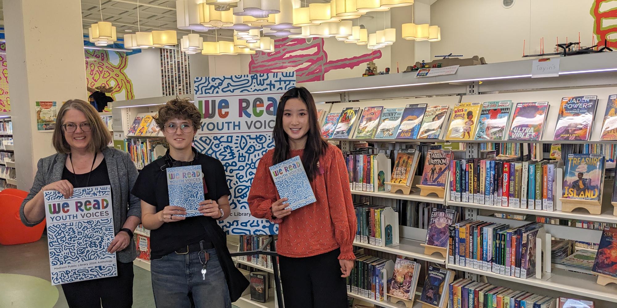 Wisconsin Book Festival Fall Celebration 2024 WE READ Youth Voices Writing Contest Author Reception Youth Voices Anthology Winner Grace Huang, Runner Up Ash Gartler, Library Director Tana Elias