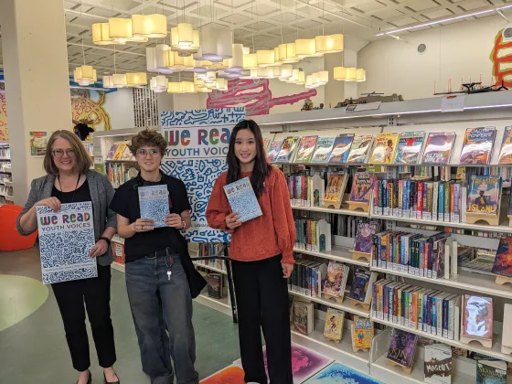 Wisconsin Book Festival Fall Celebration 2024 WE READ Youth Voices Writing Contest Author Reception Youth Voices Anthology Winner Grace Huang, Runner Up Ash Gartler, Library Director Tana Elias