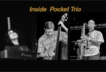 Black-and-white photos of each member of the Inside Pocket trio playing their instruments.