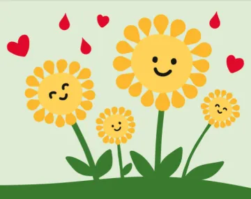 Happy cartoon daisies with red hearts and blood drop symbols