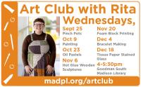 Picture of artist Rita Salm and flyer with Art Club with Rita dates