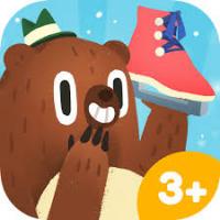 Cartoon Bear with green hat holds a pink ice skate and giggles behind his paw