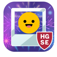 A smiley face inside a polaroid type frame in front of a purple fireworks scene.  in the bottom right corner is a red shield with white letters H G S E