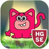 Pink cartoon cat in a spotlight with a shield symbol in the corner marked H G S E