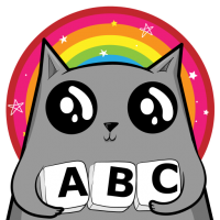 gray cat holds letter tiles with A B C in front of a rainbow circle