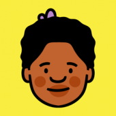 a black woman's face with a lavender bow on a bright yellow background