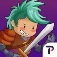 kid with green hair and a determined grin is wearing armor and carrying a sword