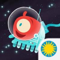 red, multi-legged cute alien floats in a space suit