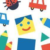 A jumble of colorful playthings including a yellow square face with blue hair, blue eyes and a red mouth, a red and blue toy car, red, blue and green crayons and a ladybug