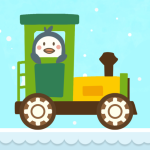 Cute penguin rides in a green and yellow locomotive on a blue background