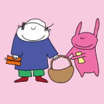 person and pink rabbit hold a basket, person has a walllet