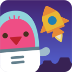 Robin the pink bird waves in a space suit, yellow rocketship in the background on a purple lunar landscape