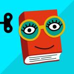 A red book with large yellow glasses, big eyes and a small smile on a blue background