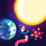 Sun, planet, worm and cell scattered across a dark purple background