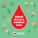 A cartoon drop of blood reading &quot;blood donors needed now&quot;, surrounded by spring flowers and the American Red Cross logo